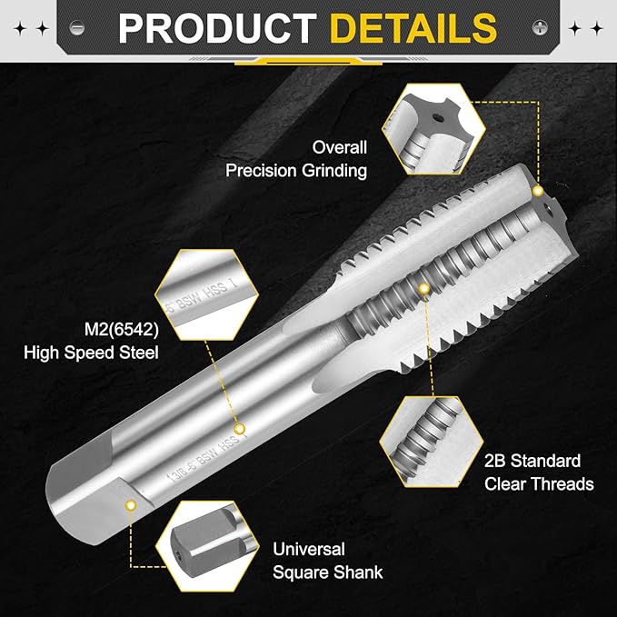 uxcell Hand Taper Tap 1-3/8"-6 BSW Thread Taper Style Taps Straight Flute Screw Tapping Threading Tool High Speed Steel HSS6542