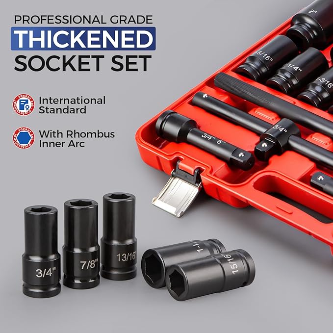 3/4" Drive Deep Impact Socket Set,21Pcs SAE (3/4 to 2 Inch) Sizes with Ratchet Wrench (24 tooth) Andextension Rod,6-Point Socket,Cr-Mo Steel Includes Adapters