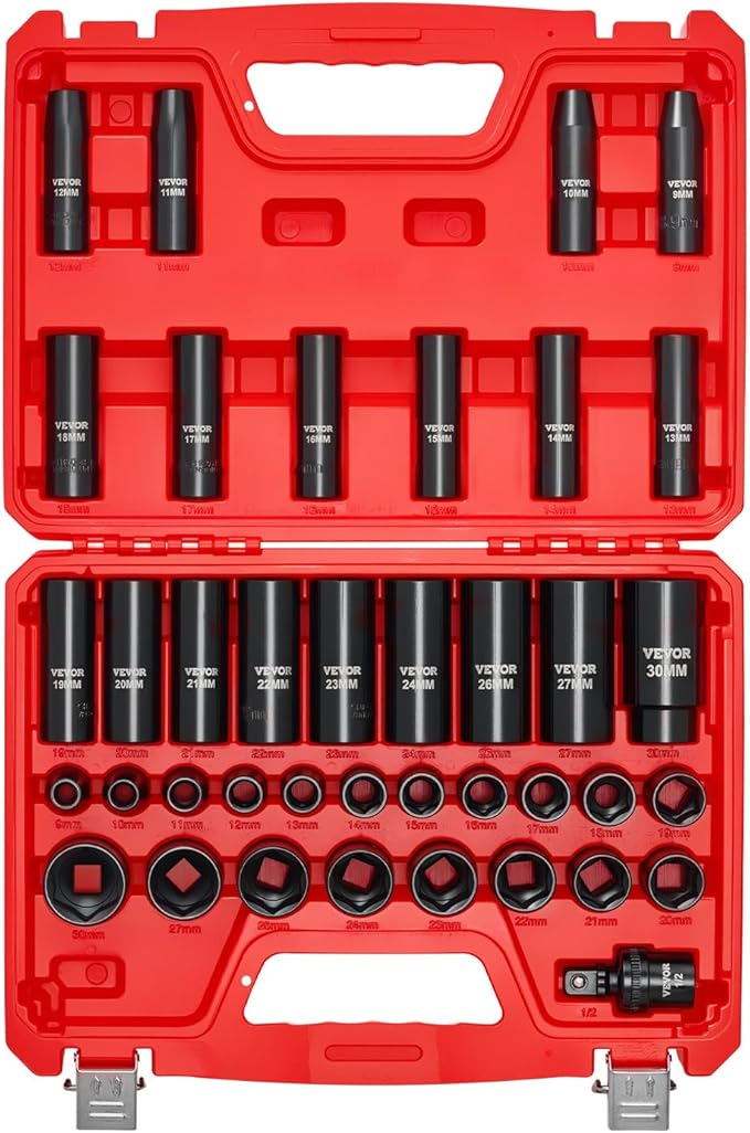 VEVOR 39-Piece Impact Socket Set 1/2" Drive, Metric (9 to 30 mm) Size, Deep & Shallow, 6-Point, CR-V, Universal Joint, Heavy Duty Carrying Case
