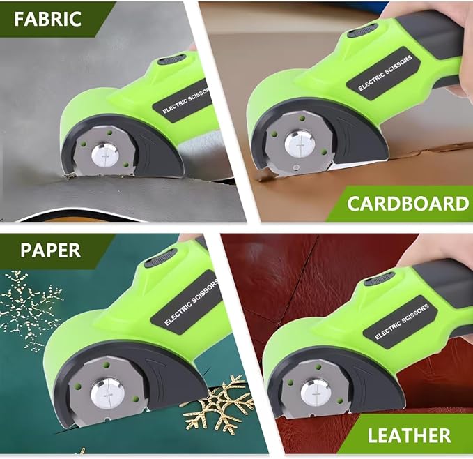 Cordless electric scissors, cardboard cutter, with safety lock, with LED light, two blades for powerful cutting of cardboard, leather, carpet, and fabric (green)