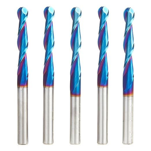 Amana Tool 46294-K-5 5-Pack CNC Spektra Extreme Tool Life Coated SC 2D and 3D Carving 0.10 Deg Straight Angle Ball Nose x 1/4 D x 1/8 R x 1-1/2 CH x 1/4 SHK x 3 Inch Long x 2 Flute Router Bits