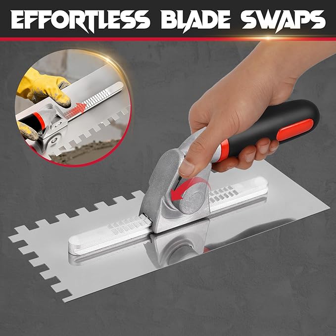Switchable Tile Trowel Set ??6 Interchangeable Notched Blades with Quick-Lock Handle, Stainless Steel Trowel Kit for Mortar, Thinset & Tile Installation
