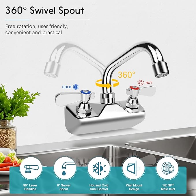 Leak-Free Commercial Sink Faucet 6" Swivel Spout, Wall Mount Kitchen Hand Sink Faucet with 4 Inch Center, 1/2" NPT Male Inlet, Brass Constructed & Chrome Polished, Dual Lever Handles