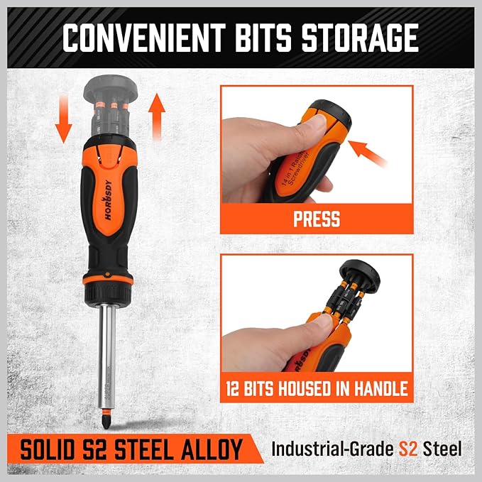 HORUSDY Magnetic Ratcheting Screwdriver Set: 14-in-1 Bits & 1/4" Driver, Multi-Sized Phillips, Slotted, Square, Torx, Hex for Garage & Daily Repair