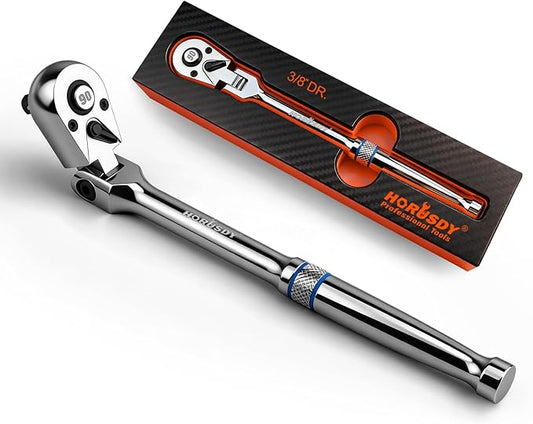 HORUSDY 3/8" Drive 90-Tooth Flex Head Ratchet Handle, 180째 Adjustable CR-V Ratchet with Quick Release & Reversible Switch, 4째 Swing Arc Socket Wrench for Automotive, Bike & DIY Repair