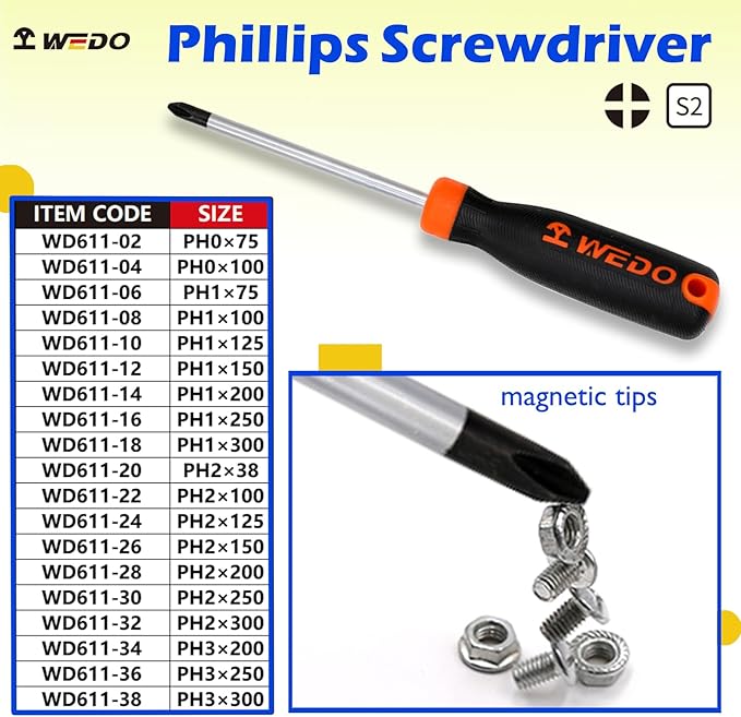 WEDO Phillips Screwdriver S2 Steel die-forged Magnetic Tip Ergonomic Comfortable Non-Slip Handle,PH1,PH2*250mm