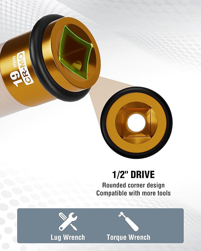 WORKPRO 1/2" Drive Lug Nut Impact Duty Socket, 19mm Deep Thin Wall Socket, Made of Premium Cr-Mo Steel, Non-Marring Lug Nut Wheel Sockets for Car