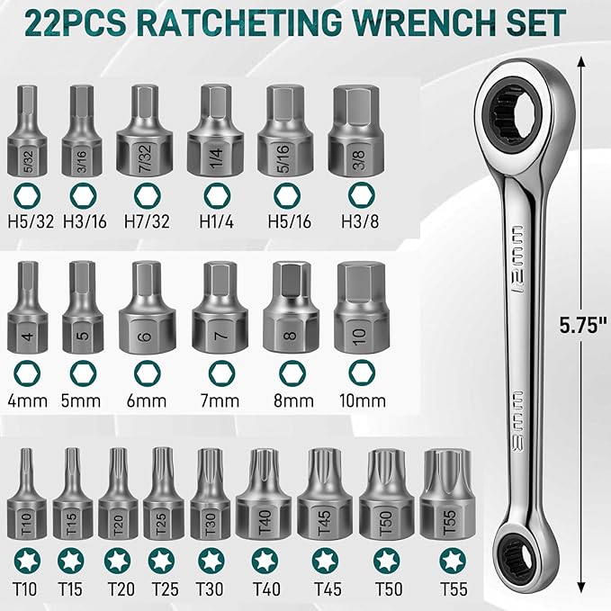 22-Piece Mini Ratchet Wrench Screwdriver Bit Set, 72 Tooth 12mm & 8mm Double Box End Ratcheting Wrench with Low Profile Insert Bits (Hex & Torx) for Tight Space