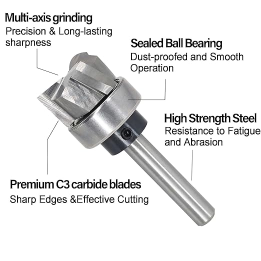 Spiral Flush Trim Router Bit 1/4 Shank, Carbide Head 3-Flute, 3/4" Diameter, 3/8" Cutting Length, Pattern Template Flush Trim Router Bit, for Grooves, Bottom Cleaning, Wood Trimming