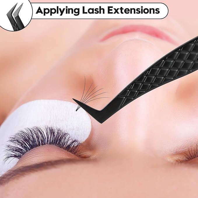 Ms.Queen Fiber Tip Lash Tweezers, Precise Diamond Grip L-Shape Boot Volume Eyelash Extension Tweezers,Black