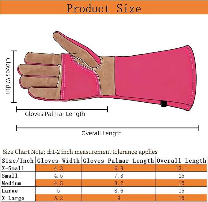 Leather Gardening Gloves for Women, Long Thorn Proof Garden Gloves for Yard Work, Heat Resistant Gloves for Welding, BBQ, Cooking, Fireplace, Chainsaw, Firm Grip, Utility, Durable, Rose Red, S