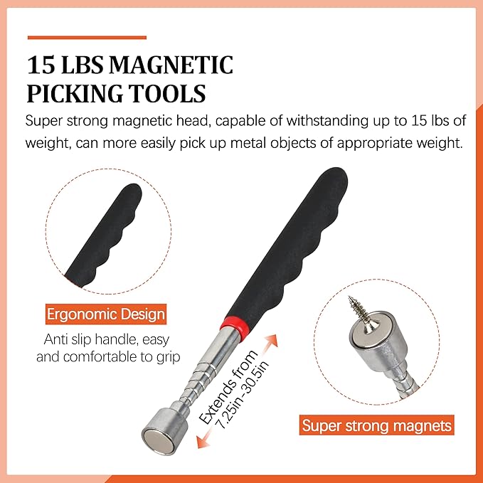 2-Piece Set Magnetic Pick Up Tool, 15LB Pull Force And 2LB Pull Force Telescopic Magnet Stick