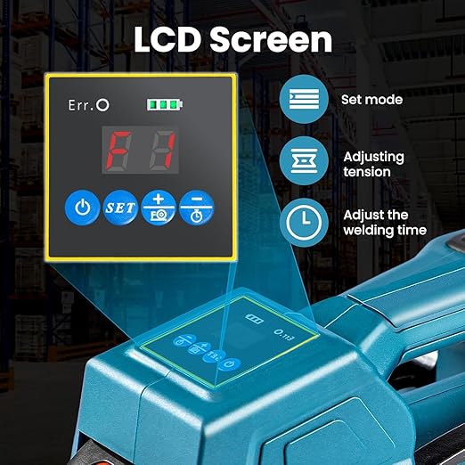 MorNon Electric Strapping Machine with LCD Display, Automatic Handheld Banding Tool for 13-16mm PP PET Straps, 2횞4000mAh Batteries, Portable Packaging Tensioner for Boxes and Pallets