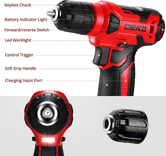 DEKOPRO 8V Cordless Drill, Drill Set with 3/8"Keyless Chuck, 42pcs Acessories, Built-in LED, Type-C Charge Cable, Red Power Drill for Drilling and Tightening/Loosening Screws