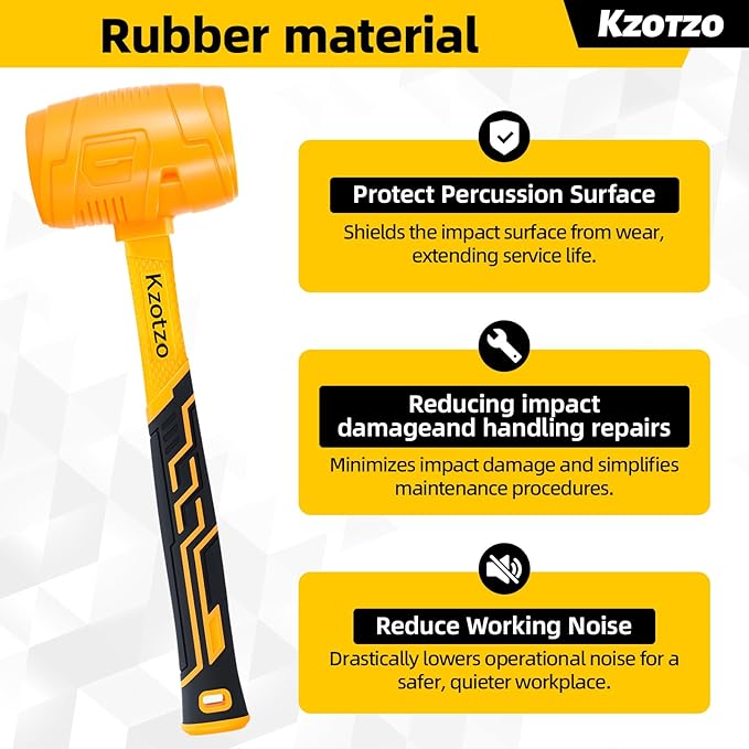 16oz Rubber Mallet Hammer, Fiberglass Handle, Rubber Mallet for Flooring, Tent Stakes, Woodworking, Camping, Soft Blow Tasks without Damage， 2025 upgraded seamless rubber hammer（yellow） (16OZ)
