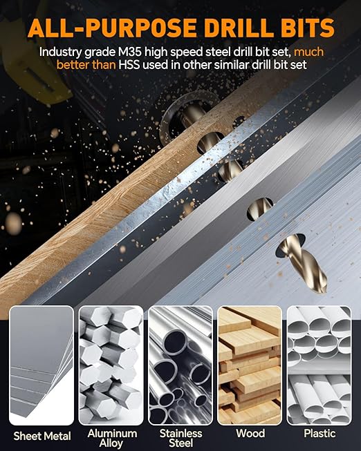 COMOWARE 15Pcs Drill Bit Set (1/16"-3/8"), M35 HSS Twist Drill Bits, Jobber Length, Straight Shank, Metal Drills bit Set for Steel, Stainless Steel/Iron/Wood/Plastic, with Metal Indexed Storage Case