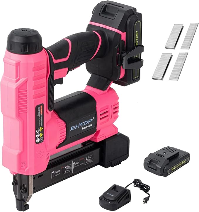 BHTOP 20V Cordless Brad Nailer竊냆tapler, 18 Gauge 2 in 1 Stapler Kit, Heavy Finish Nail Gun with 2.0A Rechargeable Battery, Charger, 2500 Brad Nails and 500 Staples in Pink