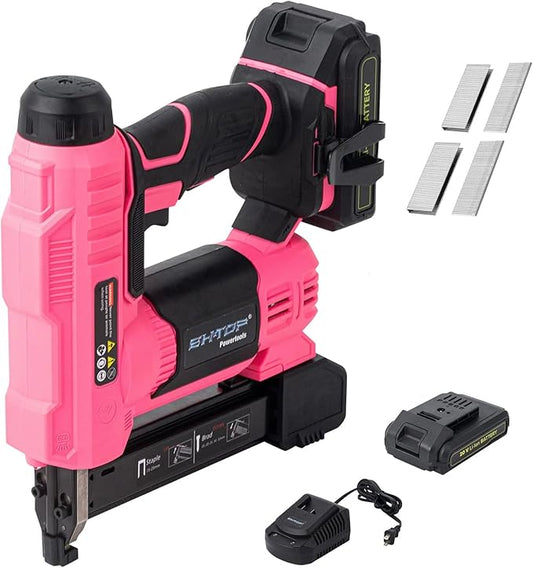 BHTOP 20V Cordless Brad Nailer竊냆tapler, 18 Gauge 2 in 1 Stapler Kit, Heavy Finish Nail Gun with 2.0A Rechargeable Battery, Charger, 2500 Brad Nails and 500 Staples in Pink