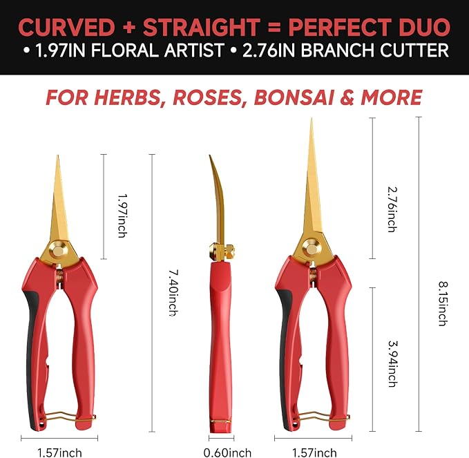 FLORA GUARD Garden shears ??8.2" Straight Tip & 7.2" Curved Blade pruning shears for gardening, Great Christmas Gifts, ideal for Precise Trimming of Flowers, Plants, and Garden Maintenance (2 Pack)