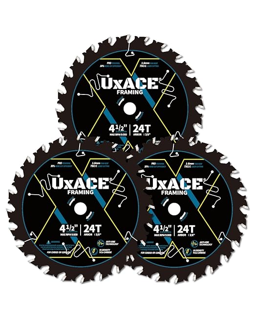 UXACE 4-1/2-Inch 24-Tooth Circular Saw Blade with 3/8-Inch Arbor, Framing Wood Cutting, Carbide Tip, Thin Kerf, for Plywood, MDF, OSB, Laminated, 3 Pack