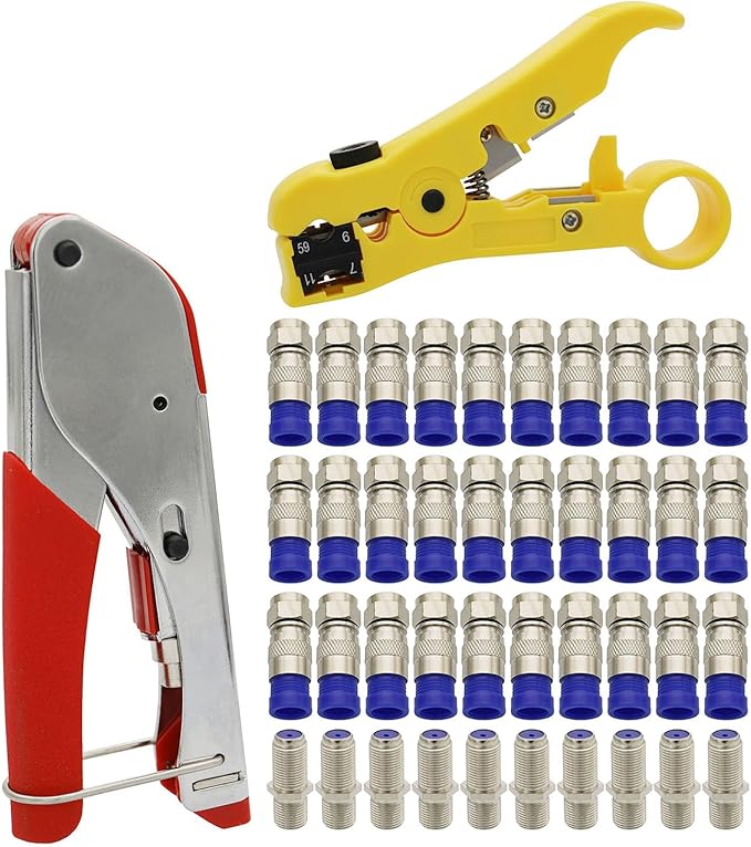 Coax Cable Crimper and F RG6 RG59 Connectors 30Pcs F Male And 10Pcs Female to Female with Coaxial Compression Tool Kit Wire Stripper