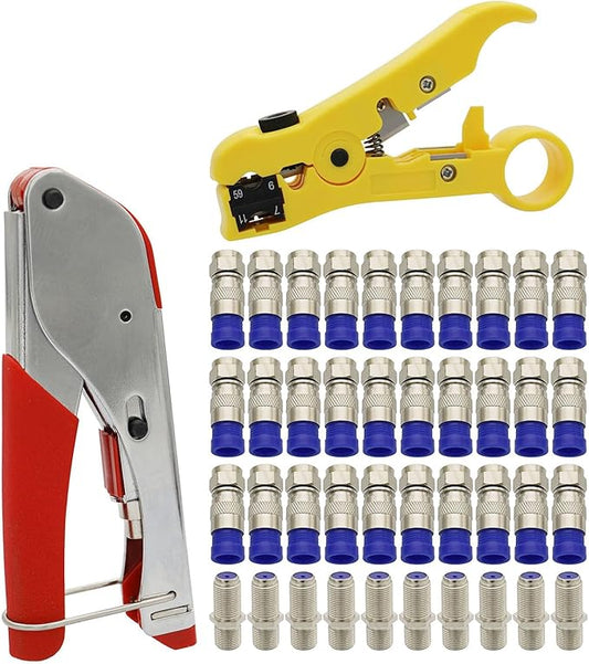 Coax Cable Crimper and F RG6 RG59 Connectors 30Pcs F Male And 10Pcs Female to Female with Coaxial Compression Tool Kit Wire Stripper