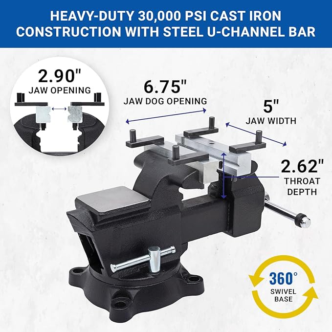 Yost Vises MV-5 5" Wide Jaw Multipurpose Bench Vise | Industrial-Grade Work Table Mechanic Tools for Wood & Metal Works | 360째 Swivel Base | Includes 4 Jaw Dogs