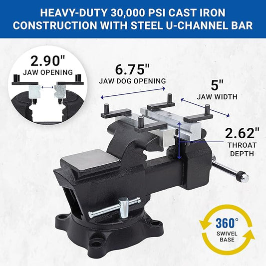 Yost Vises MV-5 5" Wide Jaw Multipurpose Bench Vise | Industrial-Grade Work Table Mechanic Tools for Wood & Metal Works | 360째 Swivel Base | Includes 4 Jaw Dogs