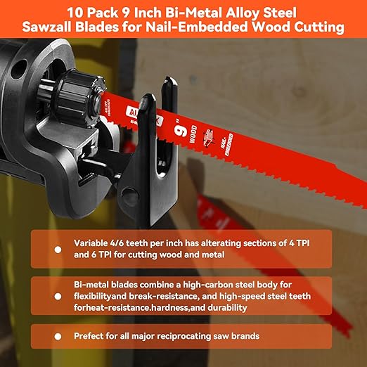 10 Pack 9 Inch 4/6 TPI Reciprocating Saw Blades for Wood and Nail-Embedded Wood Cutting, Bi-Metal Sawzall Blades for Cutting Nail and PVC Pallets etc, for Diablo Sawzall Blades DS0912BW25