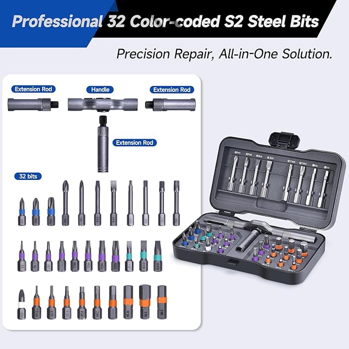 34-in-1 Magnetic Screwdriver Set with Ratcheting Handle,Magnetic Extension & 32 Precision Bits,Portable MultiTool Gadgets for Electronics,Furniture,Bicycle, DIY Repair Kit