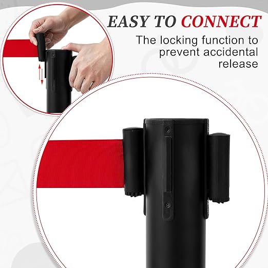 Therwen 6 Pack Heavy Duty Crowd Control Stanchions 9.8 ft Stainless Steel Stanchion Set with Safety Barrier Post Retractable Belt and Sign Holder Crowd Control Barrier(Red Belt, Black)