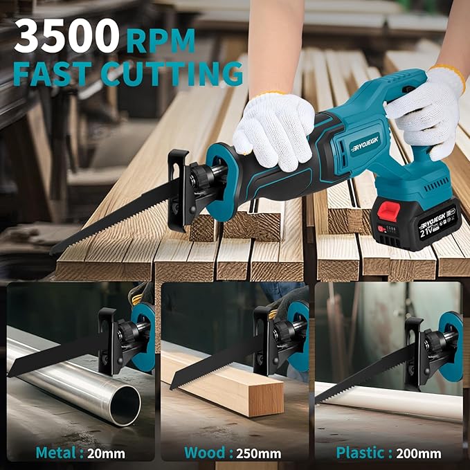 Brushless Reciprocating Saw,21V Cordless Saws with 2횞4.0Ah Battery,Variable Speed Power saw zaw 3500SPM 28mm with 12 Saw Blades,Rec챠proca Tool-Free Blade Change for Cutting Wood,Metal & PVC