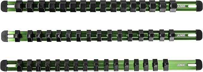 ARES 60126-3-Piece Green 17-Inch Aluminum Socket Rail Set with Locking End Caps - Includes 1/4-Inch, 3/8-Inch, and 1/2-Inch Drive Rails - Each Aluminum Rail Stores up to 16 Sockets