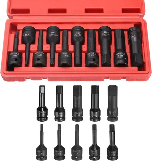 uxcell 1/2 Inch Drive Hex Impact Bit Socket Set H5-H19 Cr-Mo Steel Phosphate Black Lengthen Hex Screwdriver Socket Adapter Kit for Impact Wrenches Hand Tools 10pcs