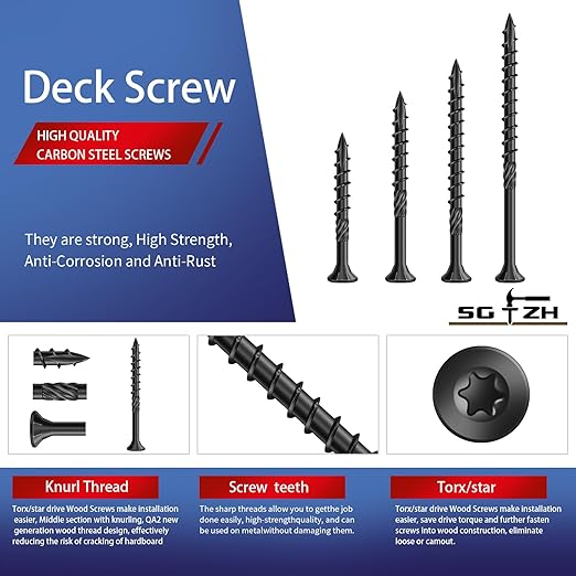 #8 x 5/8" Deck Screws (295Pcs) 1lb. Carbon Steel, Black, Flat Head, Rust Resistant epoxy Coated, with T25 Star Bit