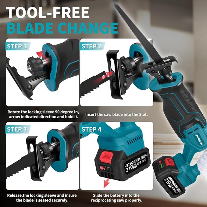 Brushless Reciprocating Saw,21V Cordless Saws with 2횞4.0Ah Battery,Variable Speed Power saw zaw 3500SPM 28mm with 12 Saw Blades,Rec챠proca Tool-Free Blade Change for Cutting Wood,Metal & PVC