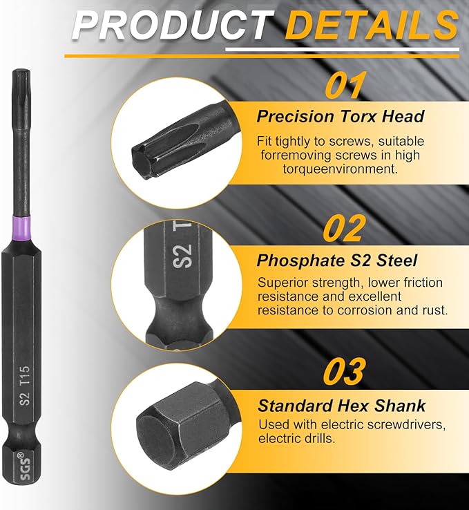 HARFINGTON 5pcs T15 Torx Head Impact Screwdriver Bits 1/4" Hex Shank 3" (75mm) Long Magnetic No Hole Tamper Proof 6 Point Star Screw Driver Drill Bits Phosphate S2 Steel Power Tools