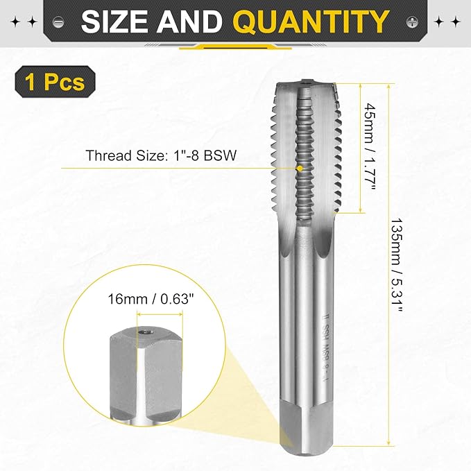 uxcell Hand Plug Tap 1"-8 BSW 2B Thread Plug Style Taps Straight Flute Screw Tapping Threading Tool High Speed Steel HSS6542