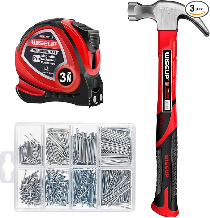 WISEUP Hammer and nails Set 560pcs Wall Nails & Finish Nails For Hanging Pictures Small Hammer Set 8oz Tape Measure 10ft Basic Woodwork Tool Kit For Home Decor,Wood Craft,Household DIY Supplies