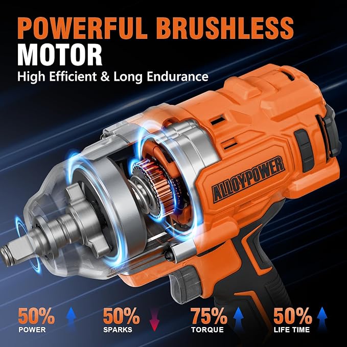 ALLOYPOWER Cordless Brushless Impact Wrench, 1475 ft-lbs (2000N.m), 1/2 High Torque power impact gun, 3-Mode Speed, 2*4000mAh Battery, 3 Sockets, Electric Impact Wrench Set for Car Tire Truck RV Mower