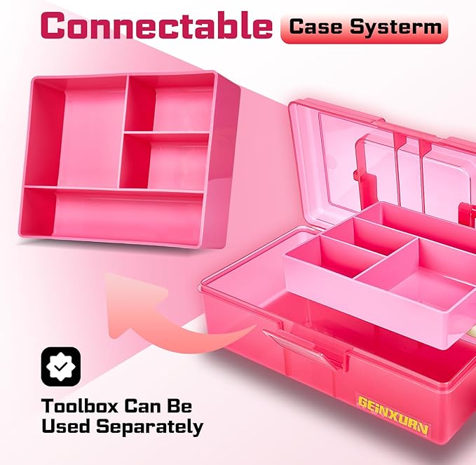 Plastic Tool Box with Lids and Handle,Portable Small Part Organizer Mini Clear Storage Case for Hardware,Screws,Bolts,Nails,Beads,Jewelry and Fishing Accessories Storage,Home DIY(Pink)