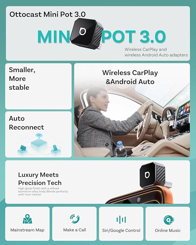 OTTOCAST Mini 3.0 Black 2-in-1 Wireless CarPlay & Android Auto Adapter ??Plug & Play for iPhone/Android, Dual-Phone Memory, Dual-Band WiFi (2.4/5GHz), Auto-Reconnect