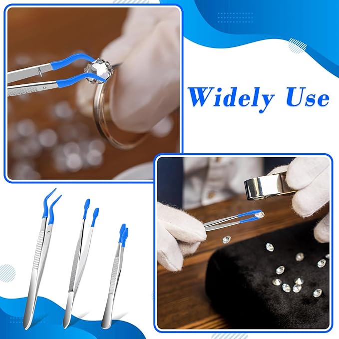 3PCS Tip Tweezers, Silicone Rubber Flat Tipped Tweezers Bent Tip for Jewelry Coin Stamp (Blue)