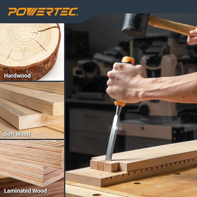 POWERTEC Wood Chisel 3 Piece Set - 1", 3/4" & 1/2" Bevel-Edge Bench Chisels with Strike Cap, Drop Forged Chrome Vanadium Steel Blades for Woodworking, Joinery, Mortising, Paring and Trimming (72136)
