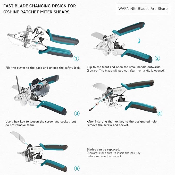 O?셎hine 22.5 Degree Ratchet Miter Shears For Angular Cutting Molding Wood Crafting, Quarter Round Cutting Tool Shoe Molding Cutters, Multi Angle Miter Shear Trim Cutter Hand Tool, w/ 1pc Extra Blade