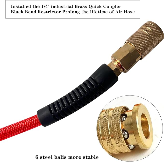 Air Hose 1/4 in x 100 ft, Polyurethane(PU), Reinforced Air Compressor Hose, Lightweight, Kink Resistant with 1/4??Industrial High Flow Quick Coupler and Plug, Bend Restrictors,300 PSI (Red, 100FT)