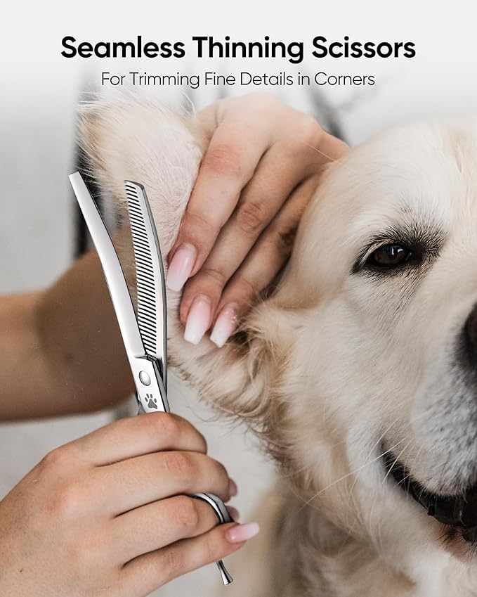 ULG Dog Grooming Scissors 40-Tooth 7.0??Curved Thinning Scissors Seamless 15%-20% Thinning Rate 440C Japanese Stainless Steel Tension Adjustable Left & Right Handed Pet Grooming Shears