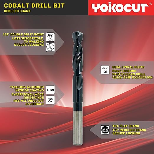 1/2 Inch Cobalt Drill Bit | Reduced Shank High Speed Steel | 1/2 Drill Bit for Stainless Steel and Hardened Metal | HSS M35 Titanium Aluminum Nitride Coating with 1/2" Shank