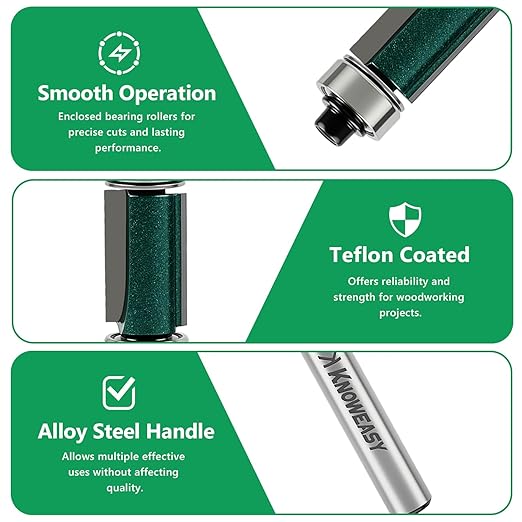 Knoweasy 4Pcs Flush Trim Router Bit Set with Top and Bottom Bearing, 1/4 Inch Shank for Smooth Woodworking, Includes 1/2 Inch Cutting Diameter Bits with 3/4, 1, 1-1/4 and 1-1/2 Inch Cutting Length for