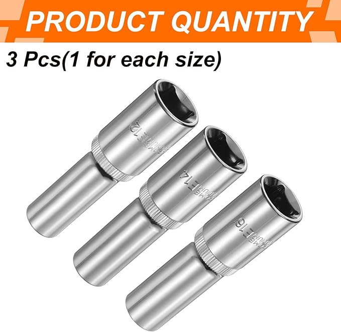 HARFINGTON 3pcs E-Torx Socket 1/2" Drive E12-E16 Star Female Socket 3.1" Length External Torx Deep Sleeve Chrome Plating 6 Point Spline Sleeve for Auto Repairs Home Maintenance